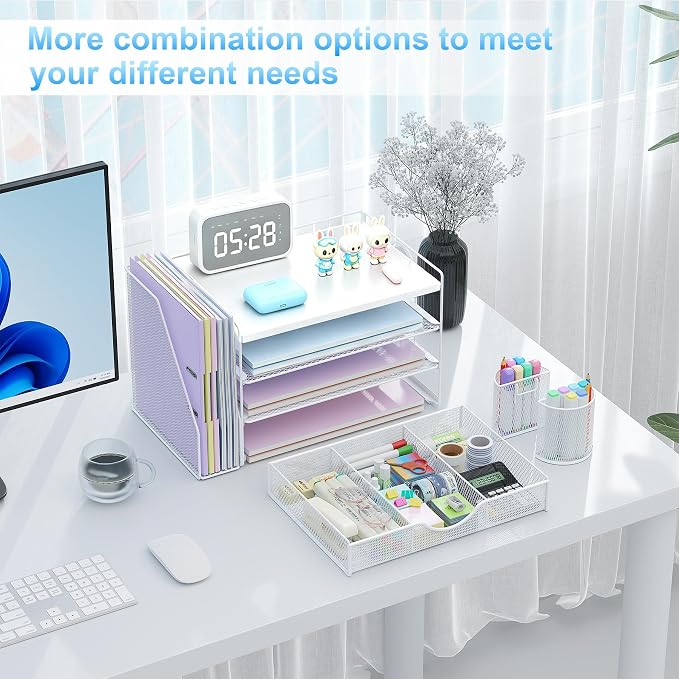gianotter Wood Desk Organizers and Accessories with File Holder, 4-Tier Desk Accessories & Workspace Organizers with Drawer and 2 Pen Holder, Desk Reference Organizer (White, 4T with Metal Drawer)