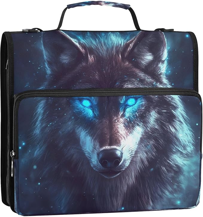 ALAZA Zipper Binder 3 Ring Blue Eyed Wolf Binder Organizer with Zipper and Shoulder Strap Large Capacity Multi-Pocket Trapper Keeper File Folder for Office Supplies