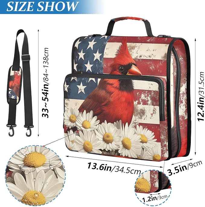 Cardinalbird American Flag Daisy Zipper Binder Bag 3 Ring Binder with Shoulder Strap Zip Up 500 Sheets Capacity Multi Pockets for School Office Supplies