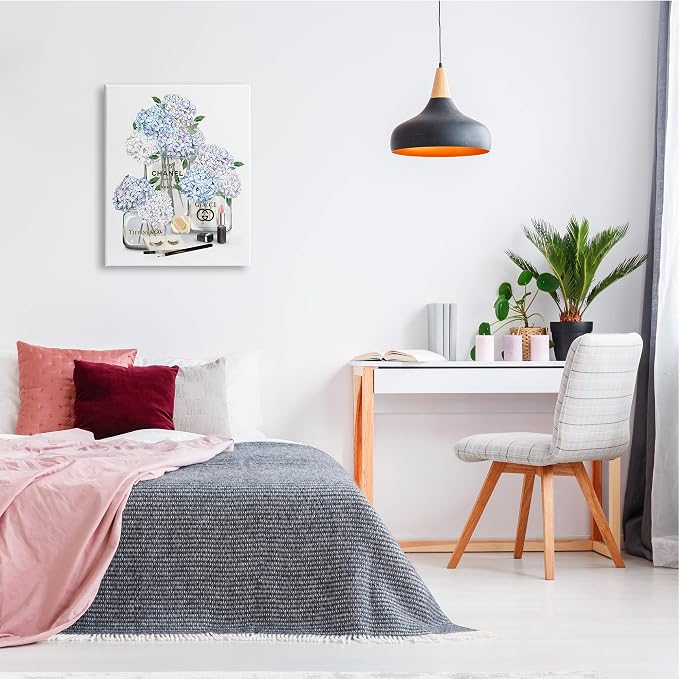 Glam Hydrangea Perfume Bottle Still Life, 24 x 30 Inch Canvas Wall Art | Stupell Industries · By Ziwei Li · Ready to hang · Chic fashion inspired decor for bedroom or office · Made in USA
