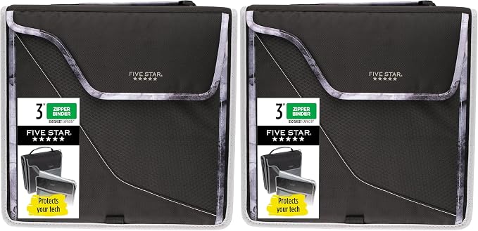Five Star Zipper Binder, 3 Inch 3-Ring Binder, Expandable Plus Removable Padded Device Case and Expanding File, 700 Sheet Capacity, Includes Multi-Use Strap, Black/Gray (29296IT8) (Pack of 2)