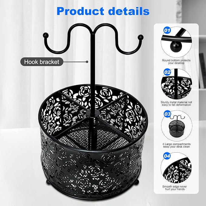 Pen Holder for Desk,360 Degree Rotating Pencil Holder Organizer | 4 Compartments,Large Capacity Pencil Holder for Desk,Metal Rust Prevention Pen Organizers(Pattern of Roses, With Hook)