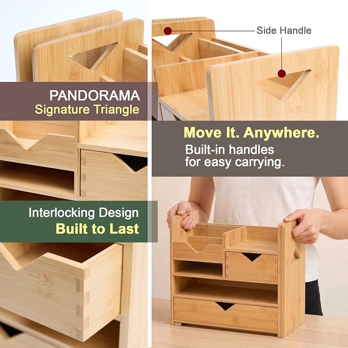 Pandorama Bamboo Desk Organizer Medium - Drawers & Adjustable File Holder, Fully Assembled Wood Desktop Storage for Kitchen, Bedroom, Bathroom, Study Room