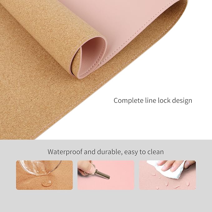RENMTURE Dual-Sided Mouse Pad, Natural Cork & PU Leather Large Desk Pad for Office and Home Work, Desk Protector Non-Slip, Waterproof, Easy Clean (Pink, 32"x16")