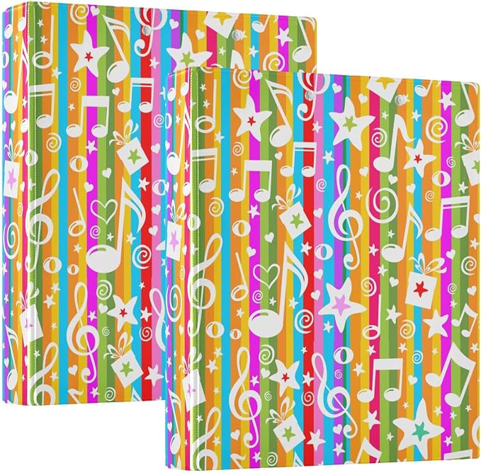 Colorful Music Note Binder 1.5 Inch Binder with Clipboard&Pockets, Rainbow Musical Hardcover Binders 3 Ring, Striped Music Notes Heavy Duty Large File Folder for Office School Supplies