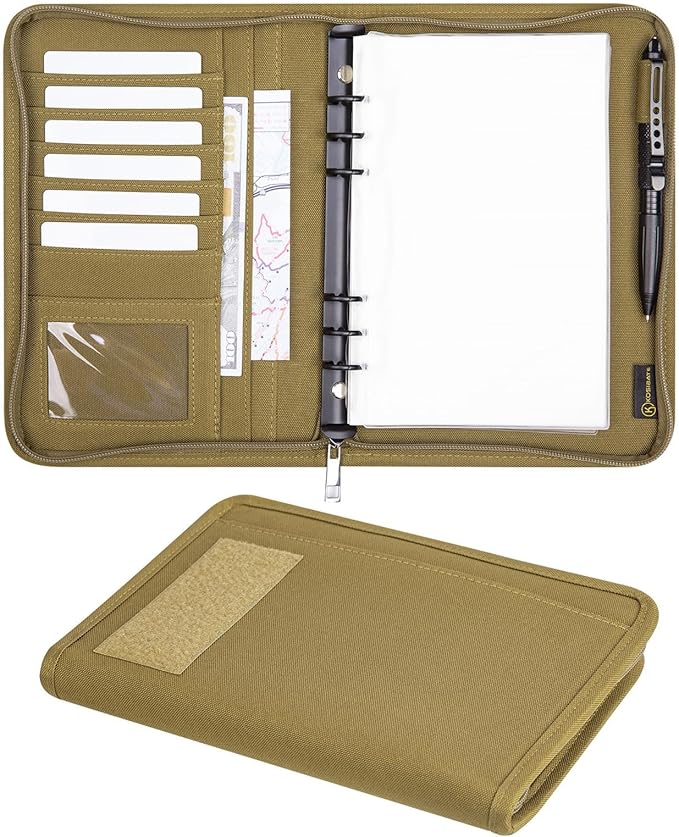 Kosibate Tactical Notebook Padfolio Ring Binder with 80 Sheets, Tactical Binder Zippered for Folders, Cards Refillable 6-Ring Notepad,Army Military Waterproof Notebook Cover(Khaki,7.3"x10.1")