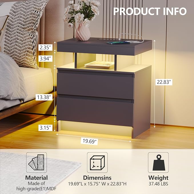 dnbss LED Nightstand with Charging Station, Smart Bedside Table, Grey | Modern Night Stand, Floating Desktop, 2 Drawers, 1 Compartment, Human Body Sensor, for Bedroom Living Room Office Storage