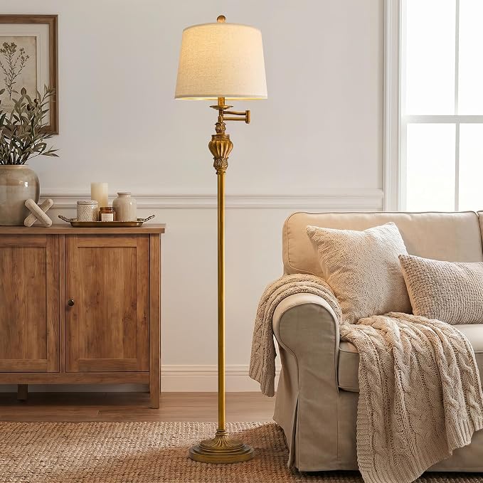 Vintage Floor Lamp with 350° Adjustable Swing Arm 61" Lamps for Living Room | Gold Floor Lamp, Standing Lamp for Bedroom, Retro Brass Antique Floor Lamp Mid Century Farmhouse Rustic Tall Swivel Pole Lamp