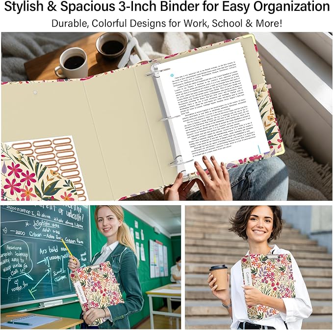 3 Ring Binder 3 Inch, Cute Round Ring Binder with 6 Tab Dividers & Label Stickers, Low Profile Clipboard with Storage, Fashion Binder for School Office Supplies (Pink Floral)