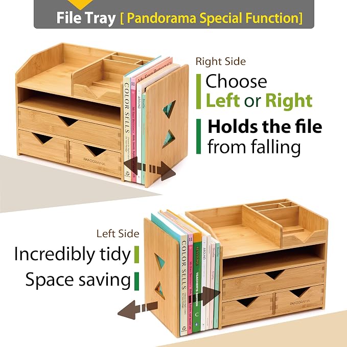 Pandorama Bamboo Desk Organizer Large - A4 Drawers & Adjustable File Holder, Fully Assembled Wood Desktop Storage for Kitchen, Bedroom, Bathroom, Study Room