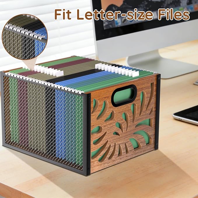 Wood File Box,Hanging File Organizer,File Storage Box Bin for Letter Size | Decorative Filing Boxes Bin, Portable Desktop Files Folder Organizer for Home Office School Desk Cabinet