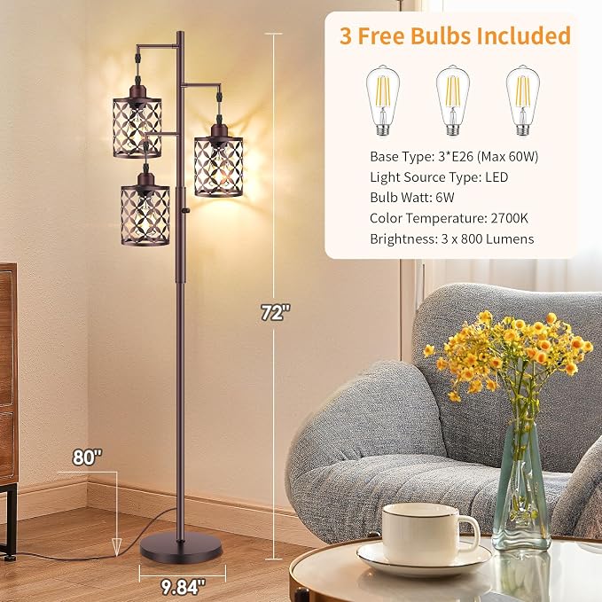 Dimmable Floor Lamp, Farmhouse Standing Lamp with Elegant Metal Cage, Industrial Tall Tree Floor Lamps for Living Room Bedroom Study Room Office, 3 x 800LM LED Bulbs Included - 72", Brown