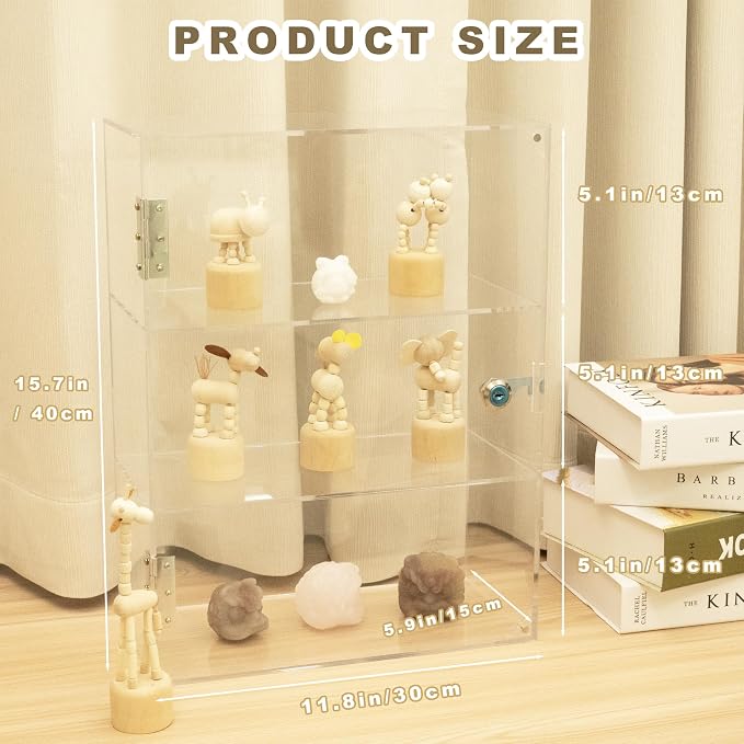 3 Shelf Locking Display Case with Key, Acrylic Countertop Cabinet | Clear dustproof lockable showcase, vitrinas para colecciones, small case for figurine, jewelry, bobblehead, perfume, knife