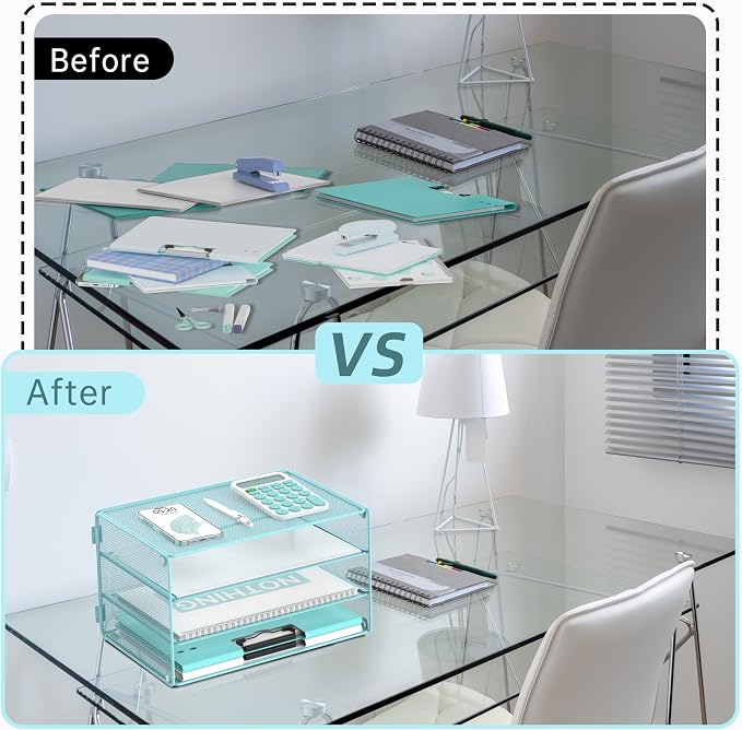 DALTACK 3 Tier Letter Tray Paper Organizer with Sliding Mesh Trays Blue | Metal Mesh File Organizer with Sliding Trays for Letter and A4 Paper, Mail, Bills, Folders and Office Documents