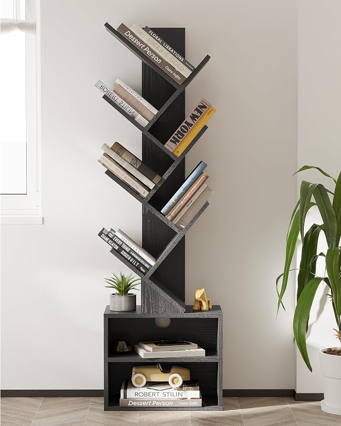 SUNMORY 6 Tier Tree Bookshelf, Tall Small Bookcase with Storage Cabinet | Modern Narrow Bookshelves Organizer, Floor Standing Book Case Shelf for Bedroom Living Room Home Office Corner, Black