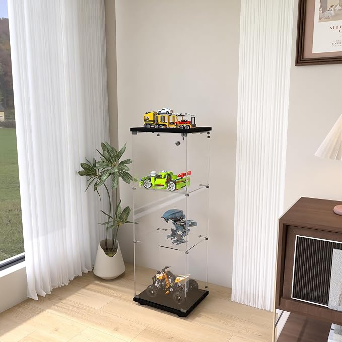 Frameless Glass Display Cabinet, Curio Cabinet Display Case with Lock and Glass Door, Quick-Install Floor Standing Small Showcase Display Shelf for Collectibles, Legos, Figures, Plants