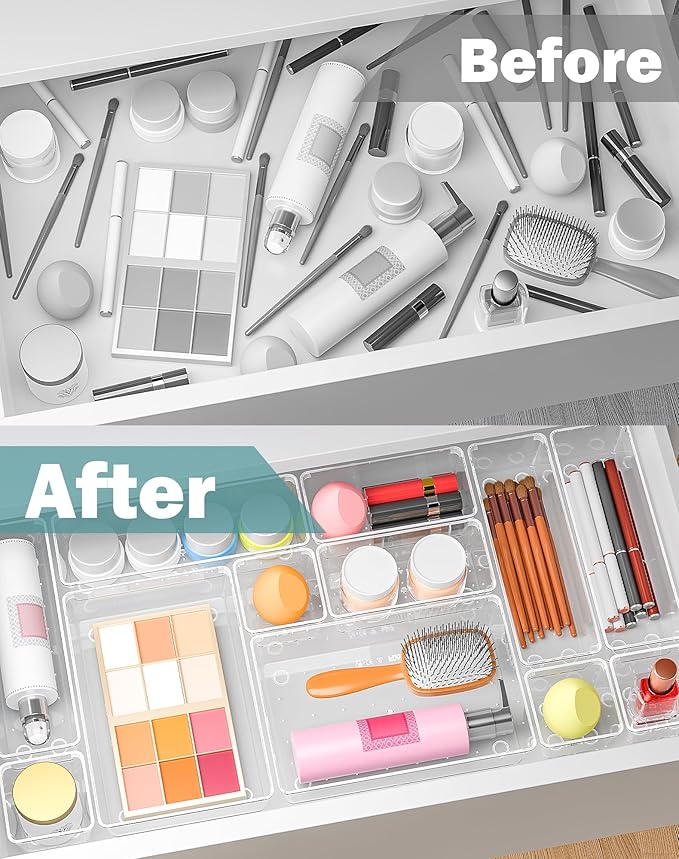 55Pcs Clear Plastic Drawer Organizers Set, 4size makeup drawer organizer trays for vanity,desk,bathroom,office,nightstand,gadgets for kitchen drawer, Versatile drawer divider storage bins