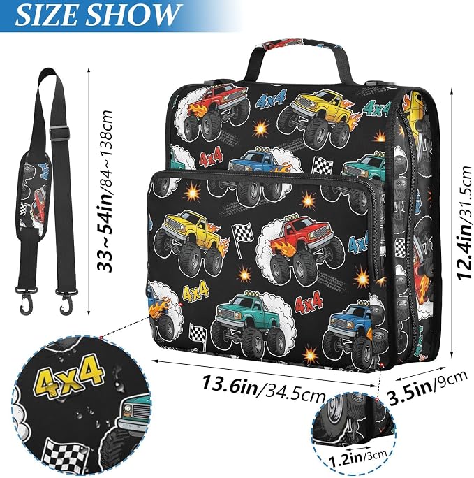Monster Truck Black Print Zipper Binder Bag 3 Ring with Shoulder Strap & Handle Multi Pocket Binder Organizer Bag Large Capacity for School Office Supplies