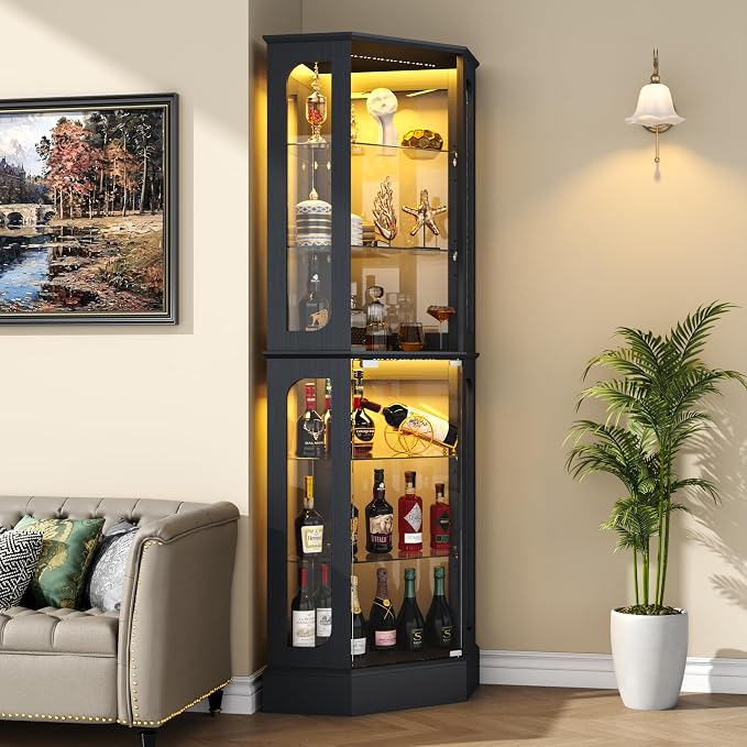 kepptory 72" Tall Corner Display Cabinet with Glass Doors，Black | 6-Tier Glass Display Cabinet, Adjustable Glass Shelves, LED Lights, Curio Display Case for Collectibles