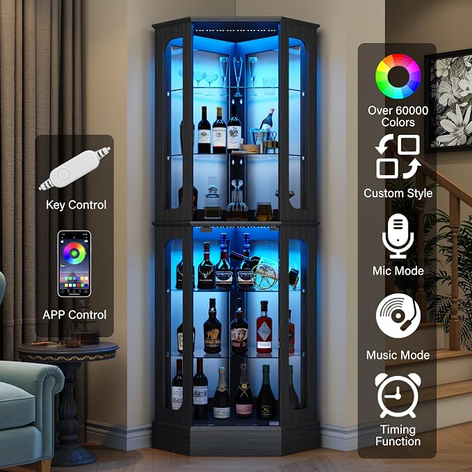 kepptory 72" Tall Corner Display Cabinet with Glass Doors，Black | 6-Tier Glass Display Cabinet, Adjustable Glass Shelves, LED Lights, Curio Display Case for Collectibles