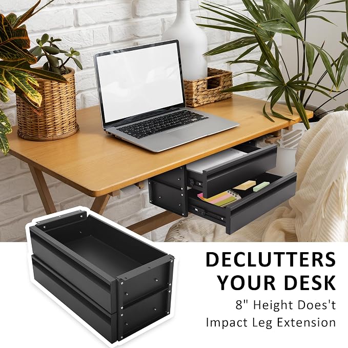 15 inch 2-tier Under Desk Drawer, Adjustable Pull-Out Storage Organizer | Carbon Steel Under Table Drawer with Silent Smooth Slide Rails for Office & Home, Adjustable Height, Each Hold 22 lbs