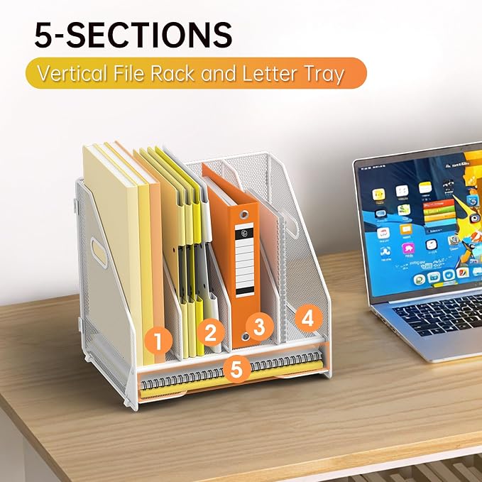 Docnest Mesh Desk File Organizer, 4 Vertical Compartment Box Sorter, White | Features 3 removable middle dividers for custom spacing and a bottom letter tray to hold paper, mail, and documents