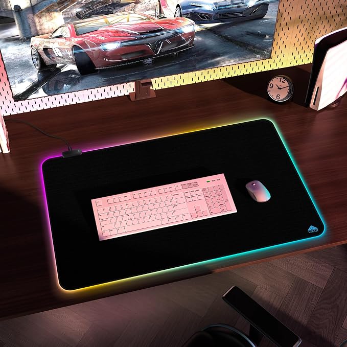 Cacoy 31.5x20 Inch RGB Gaming Mouse Pad, Non-Slip Large LED Desk Mat, Black | Extended Computer Mouse Mat with 9 Lighting Modes, Premium Textured Surface Stitched Edges RGB Keyboard Pad Gamer Accessories