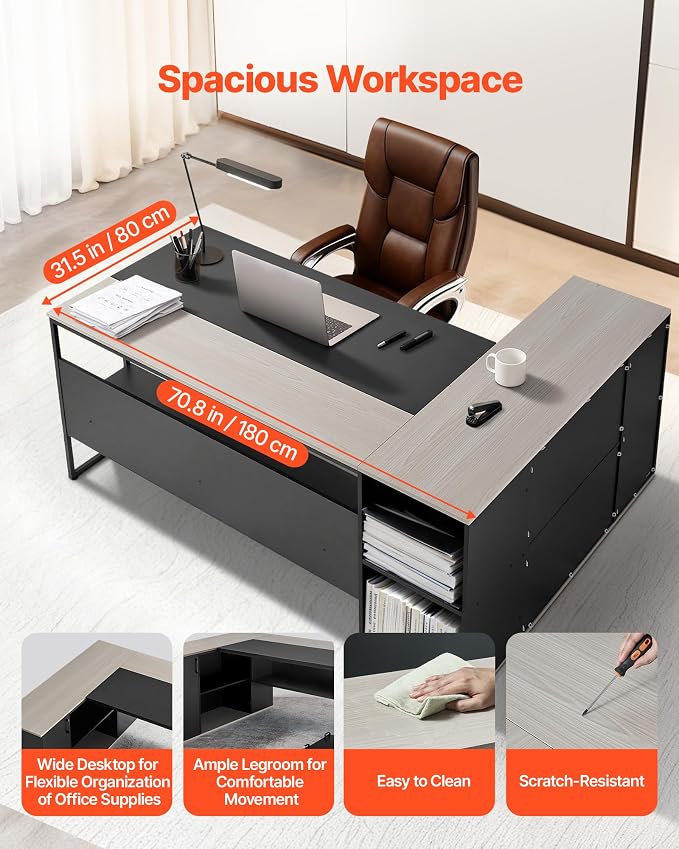 VEVOR 71" L-Shaped Executive Desk, Large Computer Desk with Drawers, File Storage Cabinet, CPU Stand, 350 LBS Load Capacity Corner Table, Easy Assembly, for Work Study