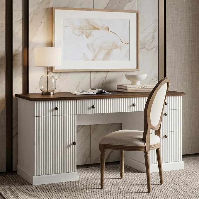 Garvee 60" Office Desk with Charging Station for Home Office, White | Fluted Wood Executive Desk with Filing Cabinet & Storage Cabinet, Modern Computer Desk with Adjustable Shelves