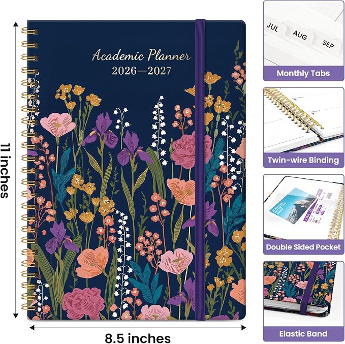 Taja Planner 2026-2027, Jul 2026-Jun 2027 Monthly & Weekly Calendar Planner | 8.5" x 11", Hardcover Academic Calendar, Teacher Student Agenda Book with Tabs, School Office Supplies, Ink Blossoms