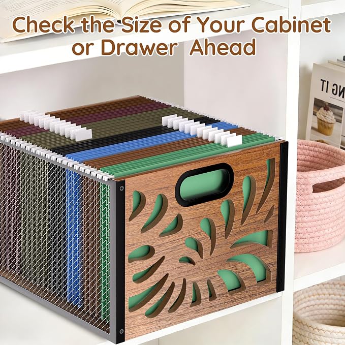 Wood File Box,Hanging File Organizer,File Storage Box Bin for Letter Size | Decorative Filing Boxes Bin, Portable Desktop Files Folder Organizer for Home Office School Desk Cabinet