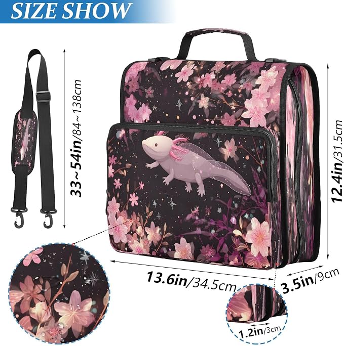ALAZA Zipper Binder 3 Ring Cherry Blossoms Cute Axolotl Binder Organizer with Zipper and Shoulder Strap Large Capacity Multi-Pocket Trapper Keeper File Folder for Office Supplies