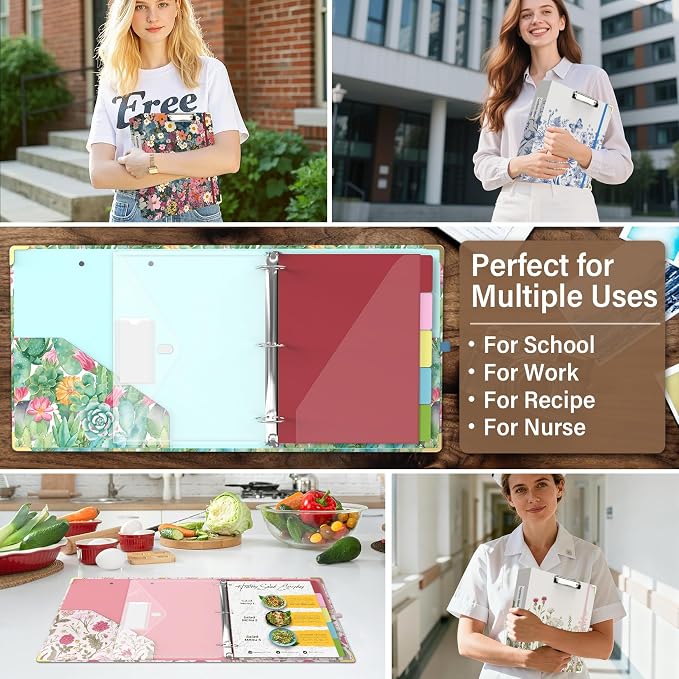 3 Ring Binder 2 Inch for Letter Size 8.5" x 11" Paper, Clipboard Binder with 5 Tabbed Dividers with Pockets, Plastic Folder and 40 Divider Stickers, School and Office Supplies, Colorful Flowers
