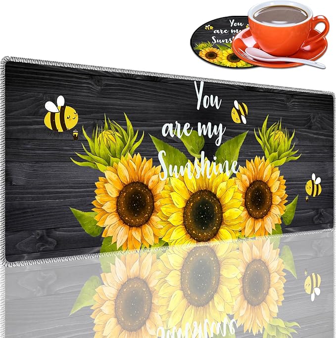 Desk Large Protective Mat, Smooth Surface Mousepad, Waterproof Non-Slip Desk Mat, 31.5x11.8 in Sewn Edge Office/Home Desk Mat, Sunflower