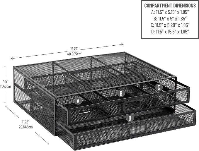 Mind Reader Monitor Stand, Ventilated Laptop Riser, Storage Drawer, Office, Metal Mesh, Black