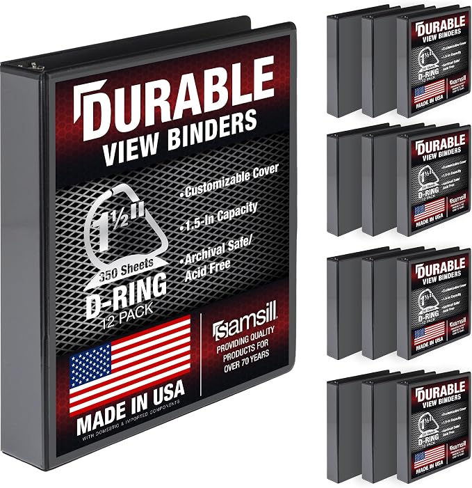Samsill Durable 1.5 inch 3 Ring Binder, D Ring Binder, 100% Recycled Chipboard, Black, 12 Pack