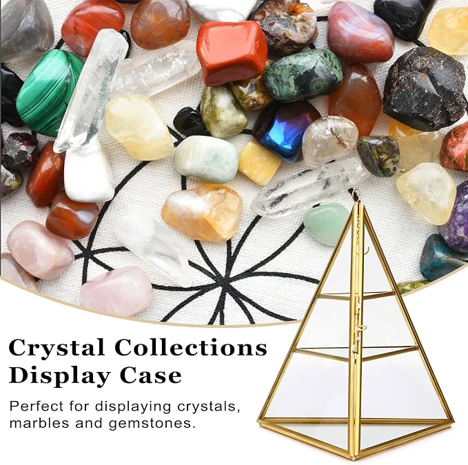 ELLDOO 3 Tier Glass Display Case for Collectibles, Triangular Crystal Display Shelf, Crystal Holder Decorative Display Tray for Crystals Healing Stones Marbles, Gold Metal Jewelry Display Stand