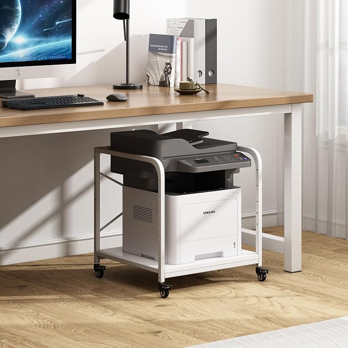 Fannova Large Printer Stand for Under Desk Storage, Adjustable Top Shelf | Table Top 20"x20", Fits 3D/Laser Printer, Easy Roll Industrial Wheels, Heavy Duty 2 Tier Printer Cart for Home Office, White