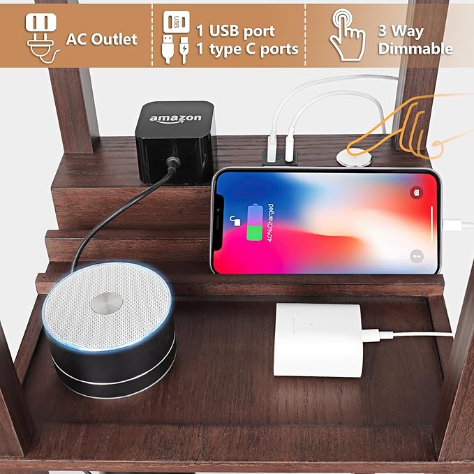 Floor Lamp with Shelves Touch Control Charging USB Type C Brown | 3-Tier Modern Square Bookshelf Lamp, Corner Standing Light with Power Outlet Dimmable LED for Living Room Bedroom Office