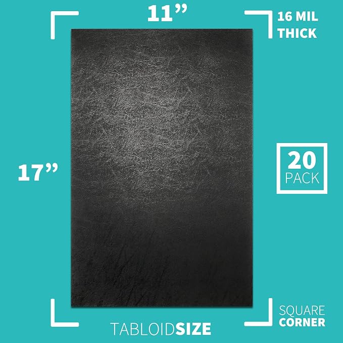 Binditek 16 Mil Leather-Textured Polycovers, 11x17 Inches, Black, 20 Pack | Leather-Textured Binding Covers, 11"x17" Ledger/Tabloid Size, Plastic Binding Presentation Covers, Square Corners, Unpunched