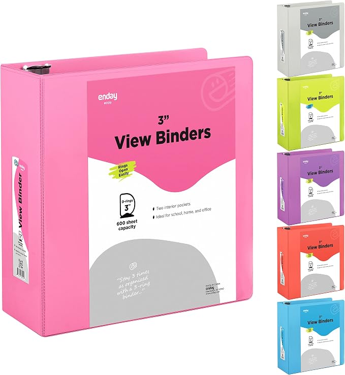 Enday 3 inch Binder (24 Pack - Pink) 3 Ring Binder 3 inch with Clear View Cover and 2 Inside Pocket - for Letter Size 8.5 x 11'' Paper, Ideal for School Supplies, Office, and Home