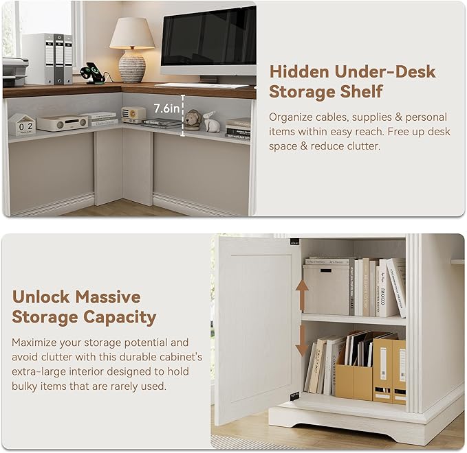 Farmhouse L Shaped Executive Desk with 4 Drawers, Home Office Desk with Hidden Under-Desk Storage Shelf and Charging Station, File Cabinet Storage, Wood Corner Computer Desk for Work(White+Brown)