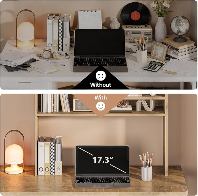 5-Tier Desk Shelf, 37.4''W Desktop Bookshelf for Computer Monitor | Desktop Organizer Shelf Storage Rack with 6 Cubbies, 5-Level Desk Hutch Display Rack for Home, Office, Dorm, Vanity, Natural