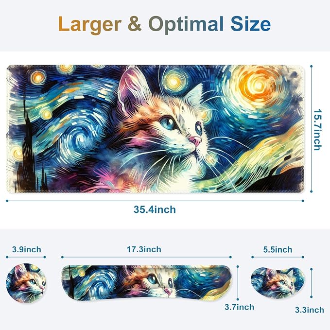 Large Gaming Mouse Pad Set, 4 in 1 Ergonomics Keyboard Desk Mat Memory Foam Wrist Rest, Computer PC Extended Game Mousepad, Non-Slip Desk Matt Easy Typing Pain Relief I Starry Night Art Cat