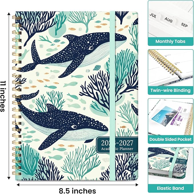 Taja Planner 2026-2027, Jul 2026-Jun 2027 Monthly & Weekly Calendar Planner | 8.5" x 11", Hardcover Academic Calendar, Teacher Student Agenda Book with Tabs, School Office Supplies, Drifting Whales