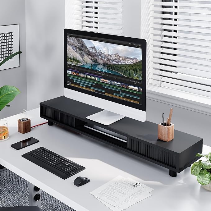 Fenge Dual Monitor Stand with Storage, Desk Shelf with Glass Sliding Door | Ergonomic Height Adjustment, 42.5in Monitor Shelf, 2-Tier Monitor Riser, Desk Organizer for Screen, PC, Laptop, Balck