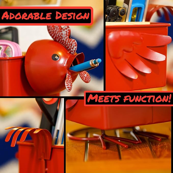 Desk Organizer, 1-5 Module Compartments - Storage for Stationery Supplies, Accessories, brushes - Home, Office, School, Dorm, Studio - Build in Pen & Pencil Holder (Red Rooster)