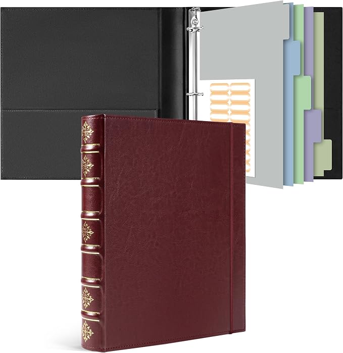 Ospelelf Vintage 3 Ring Binder 1 Inch, Leather Hardback D Ring Binder with Pockets and 5 Tab Dividers, Book Style Document Organizer Fits Letter Size for Home and Office Burgundy