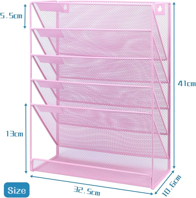 5 Pockets Mesh Wall File Holder Organizer with Bottom Flat Tray, Office Hanging File Folder Magazine Rack, Nametag Label Hooks Set Included, Pink
