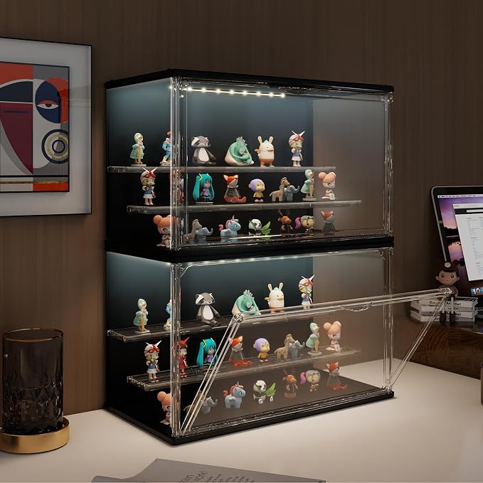 Clear Display Case for Collectibles, 3-Tier Adjustable Figure Display Case with LED Light, Stackable Acrylic Showcase with Magnetic Door for Jewelry,Collectibles (Black, 1 Pack-8.7" H)